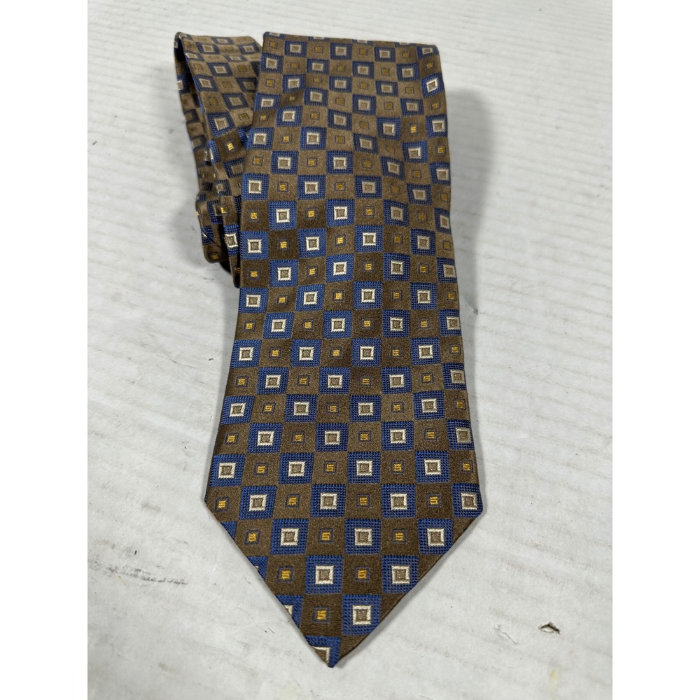 Ermenegildo Zegna Mens Silk Tie Brown Blue Geometric Square‎ Pattern Italy 3.75"